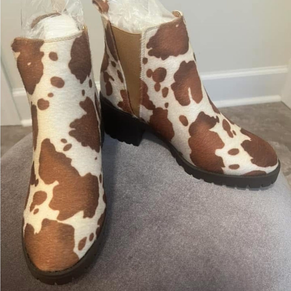 Brown and White Cow Print Ankle Boots with Cozy Lining